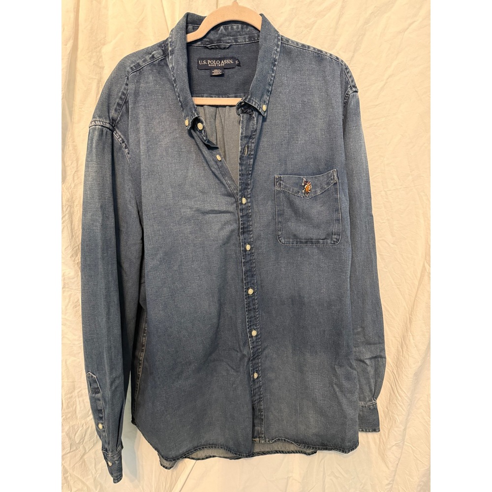 US Polo Assn Mens Denim Button Down Shirt Blue Long Sleeve Pocket 3XL